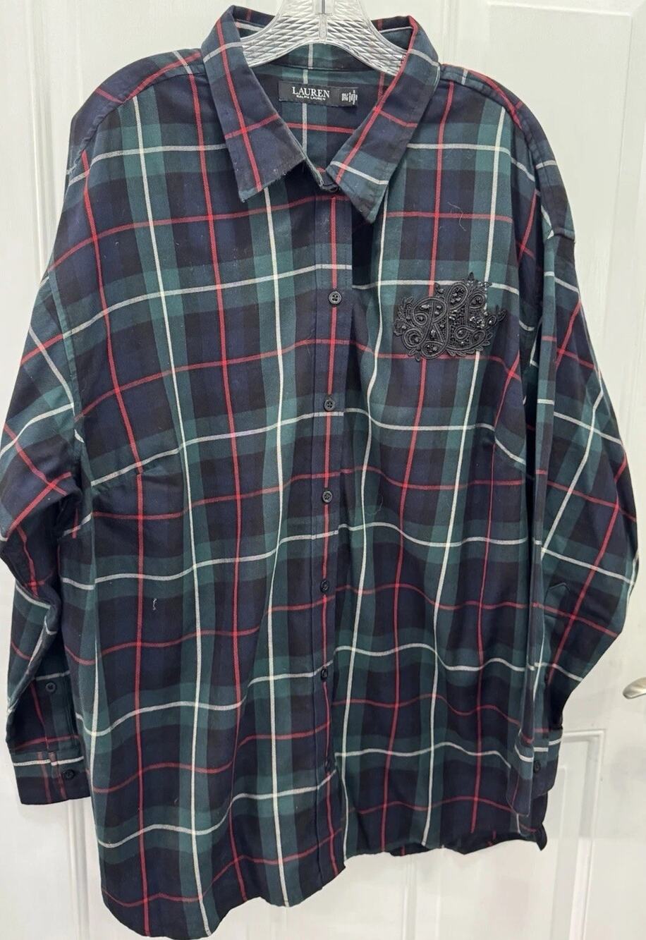 Lauren Ralph Lauren Womens LRL Bullion Patch Plaid Shirt Button Up Size 3XL